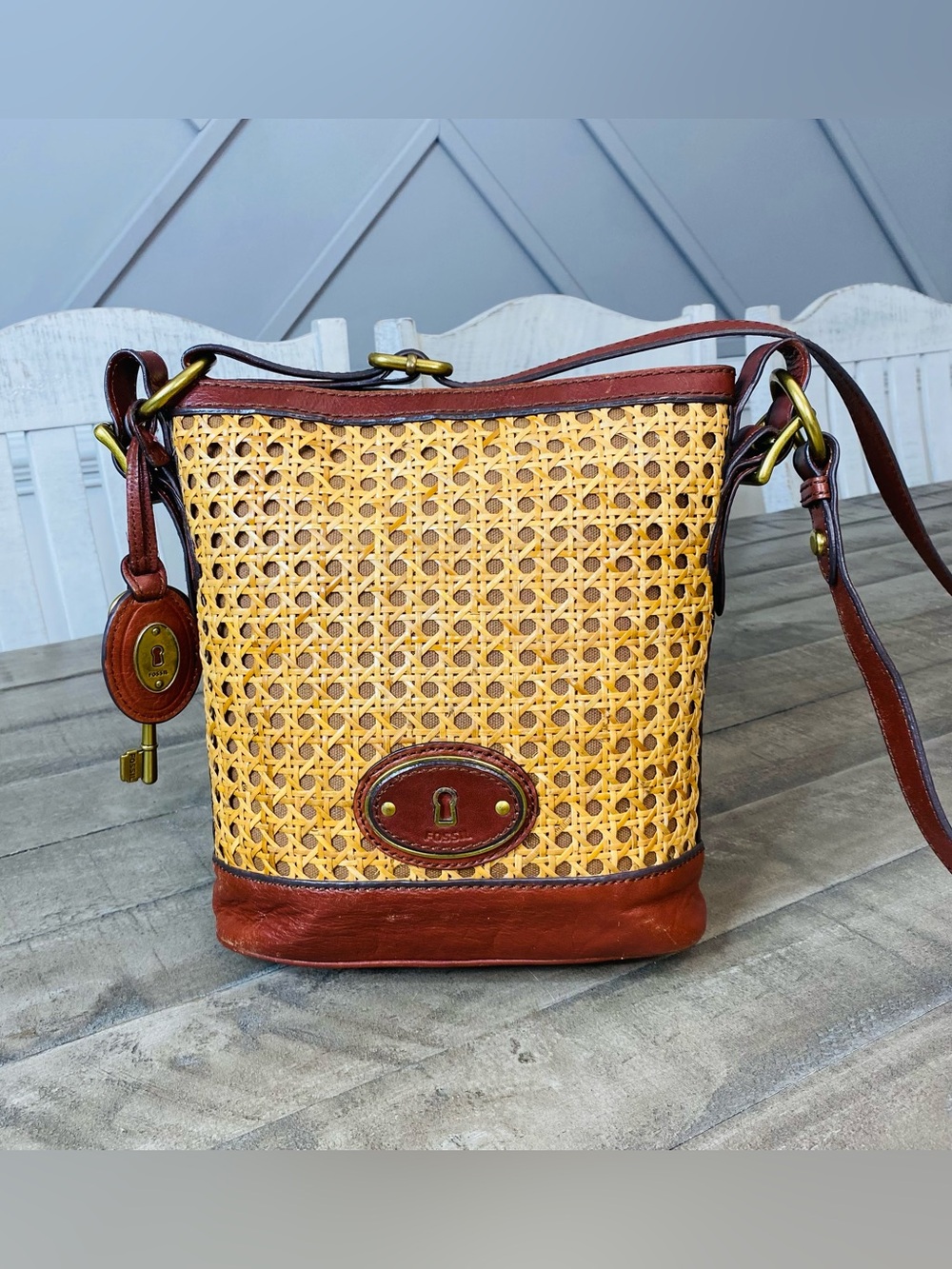 Fossil Vintage Reissue Cane Wicker & Leather Bucket Crossbody Bag